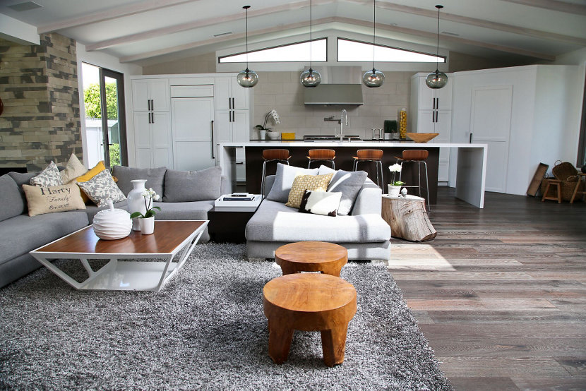 Modern pendant lighting as seen from dining room