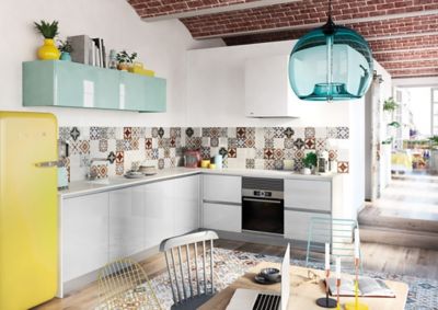 blue pendant light for white kitchen