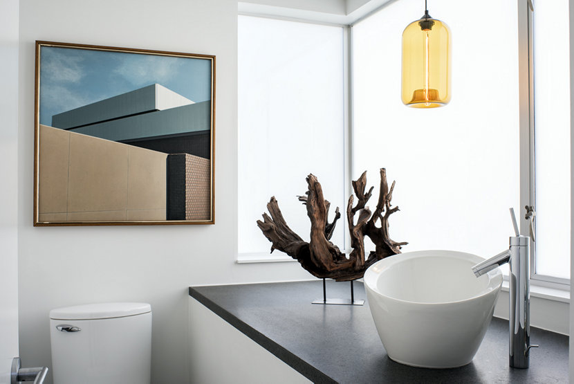 A Single Bathroom Pendant Light Hangs in San Francisco Home