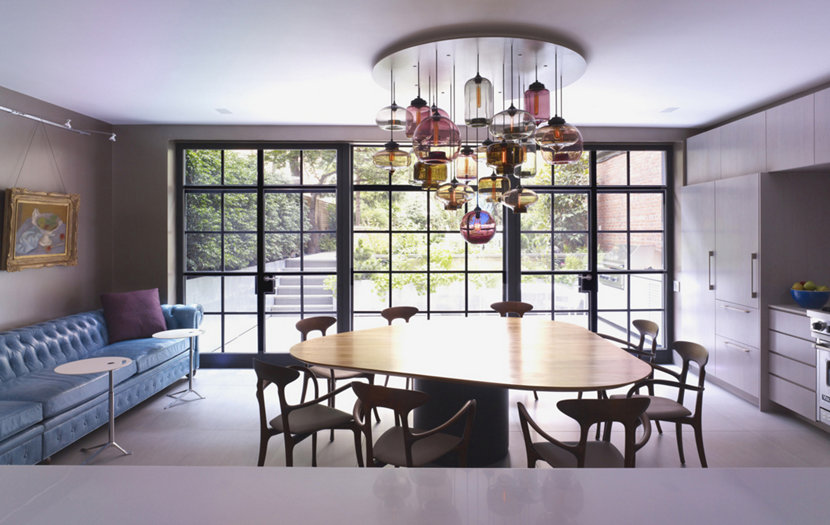 colored glass pendant lighting above table