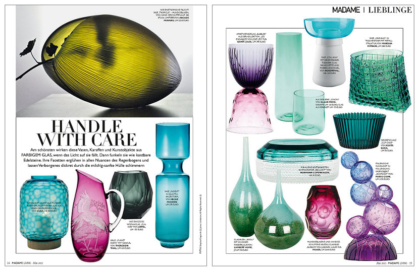 colored glass vessels in German lifestyle magazine