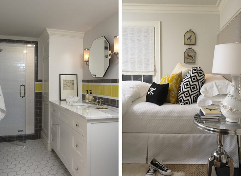 modern bathroom and bedroom with yellow accent color