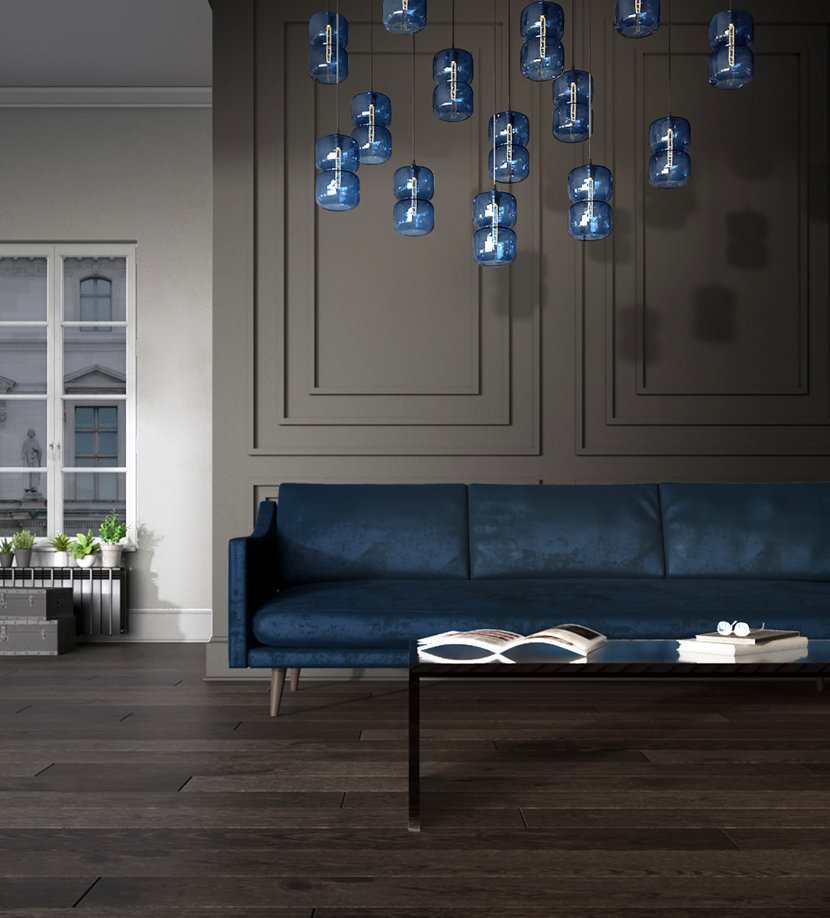 Custom Canopy Featuring Pinch Pendants in Sapphire Glass Custom Canopy Featuring Pinch Pendants in Sapphire Glass