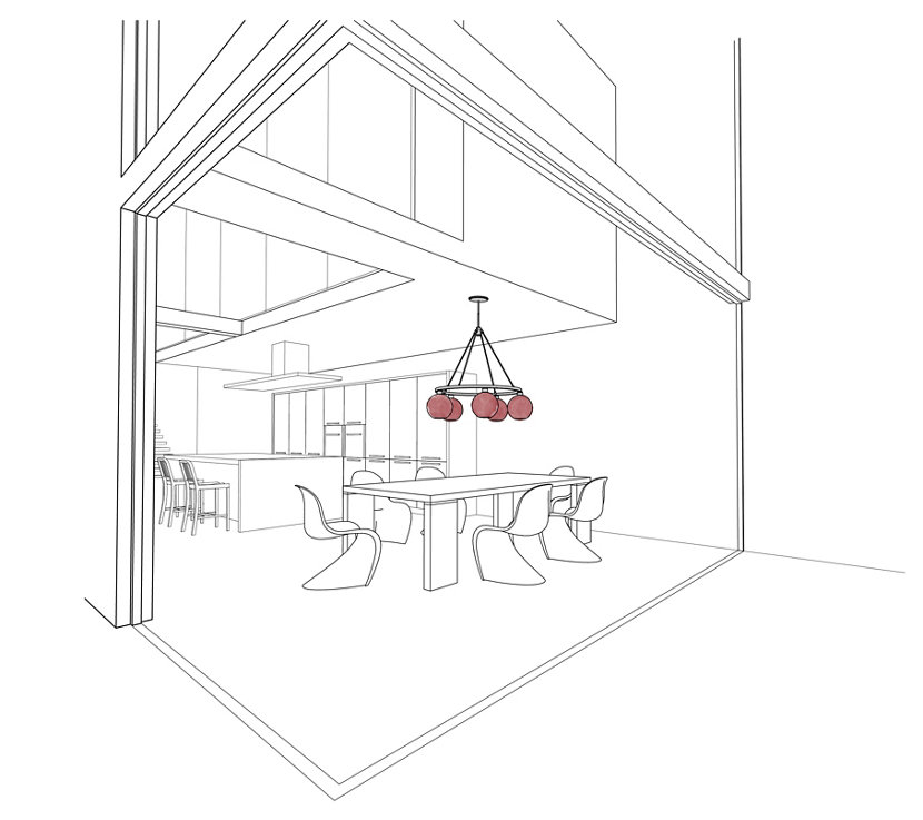Modern chandelier adds pop of color in kitchen