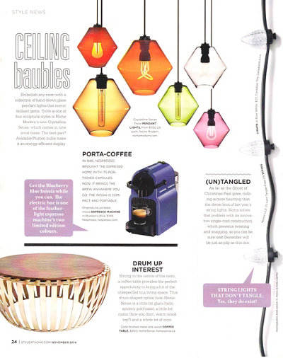 colorful glass pendant lights inside Style At Home magazine