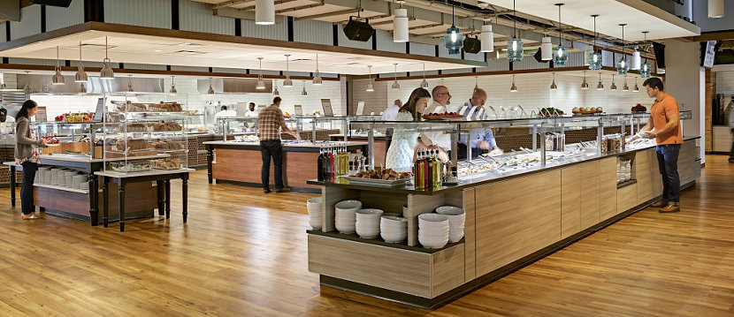 modern pendant lighting in corporate cafeteria