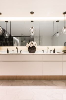 Bathroom Pendant Lighting Adds Sophisticated Touch to Couple's Condo