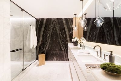 Bathroom Pendant Lighting Adds Sophisticated Touch to Couple's Condo
