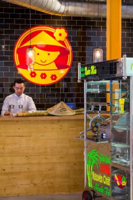 clear glass pendant lighting in Little Saigon Vietnamese restaurant