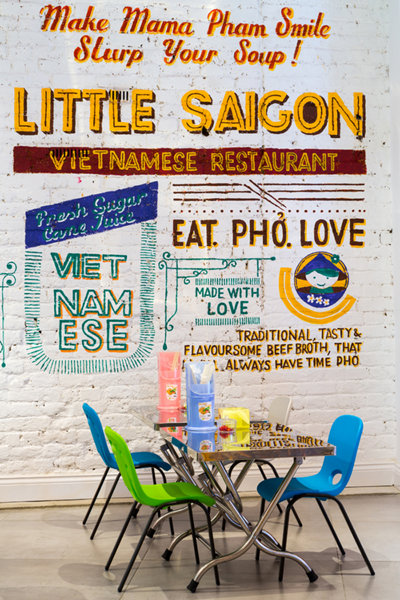 colorful wall mural in Little Saigon Vietnamese restaurant