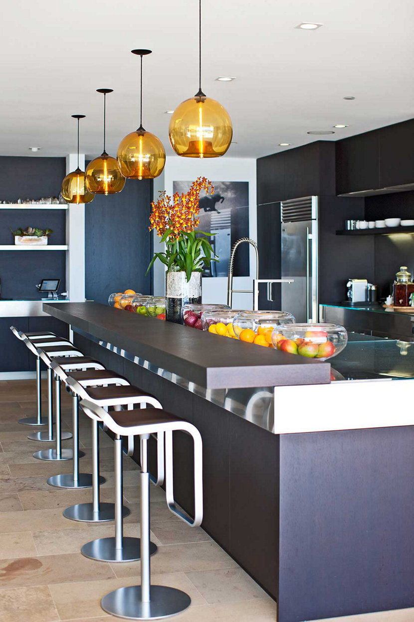 Stamen Pendants in Amber Glass Above Malibu Bar Stamen Pendants in Amber Glass Above Malibu Bar