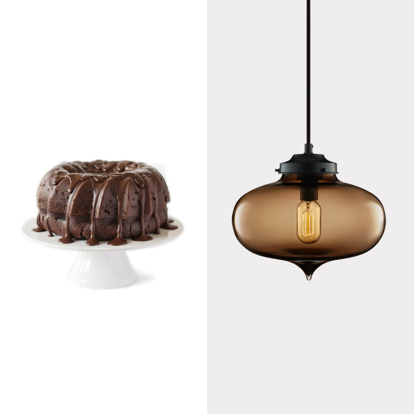chocolate cake and brown glass pendant light