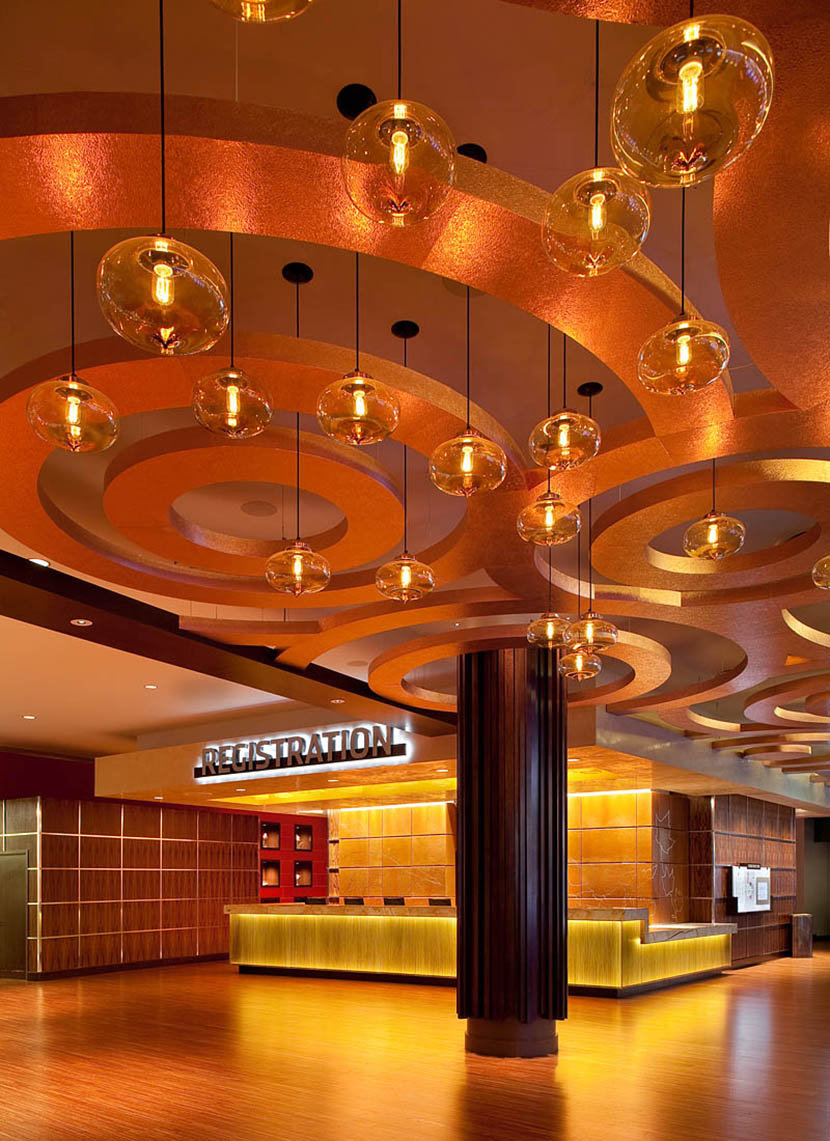 hotel and casino lobby with modern glass pendant lighting