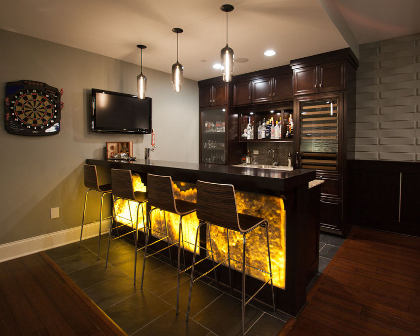 Pharos Pendants in Gray Glass Above Chicago Bar Pharos Pendants in Gray Glass Above Chicago Bar